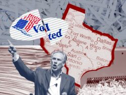 Torn "I voted" sticker, with Greg Abott and an image of a Texas state map.