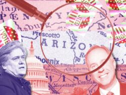 Steve Bannon and Robin Vos on top of Arizona, Pennsylvania, and Wisconsin maps. Magnifying glass is over the center of the page.