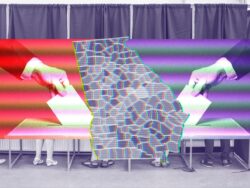 A red hand putting a ballot in a box and a blue hand putting a ballot in a box. The map of Georgia on top of them.