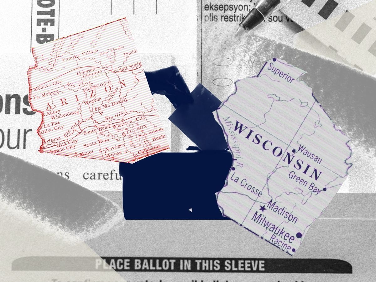 Ballots and the map of Arizona and Wisconsin.